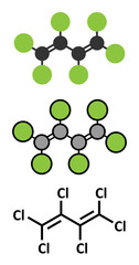 Hexachlorobutadiene (HBCD) solvent molecule. Also used as algicide.