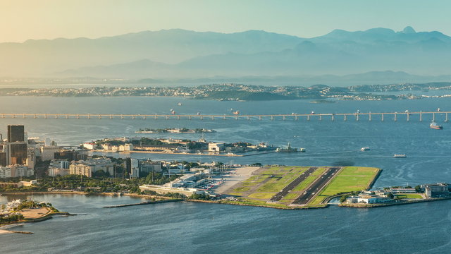 High angle shot of Airport with airplane departures, Rio de Janeiro, Brazil.