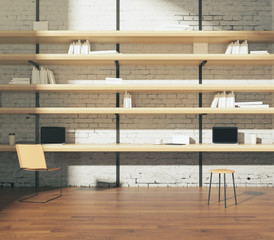 Interior with wooden bookshelves