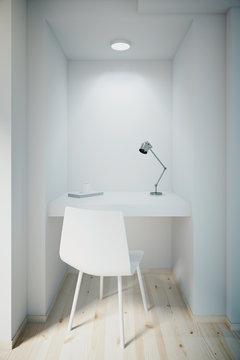 Small white office with blank front wall