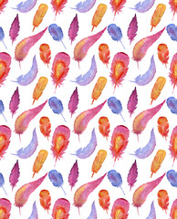 Watercolor hand drawn seamless pattern with colorful feathers