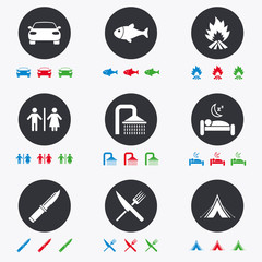 Hiking travel icons. Camping, shower and toilet.
