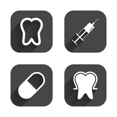 Tooth enamel icons. Medical syringe and pill.