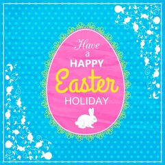 Happy Easter Typographical Background. Easter - Christian, traditional holiday. Easter Background with bunny, egg, decorative frame. Easter Greeting Card. Vector Illustration.