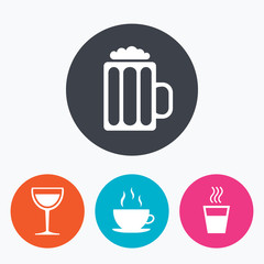 Drinks signs. Coffee cup, glass of beer icons.