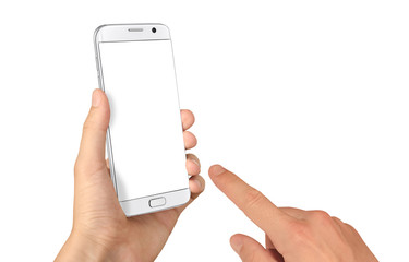 Modern white smart phone in man hand. White screen for mockup, isolated.