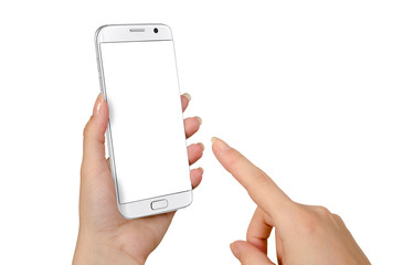 Modern white smart phone in woman hand. White screen for mockup, isolated.