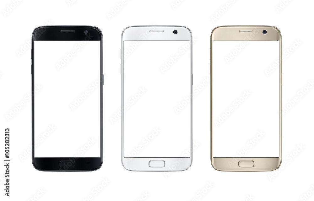 Poster modern smart phone in three color. white screen for mockup, isolated.