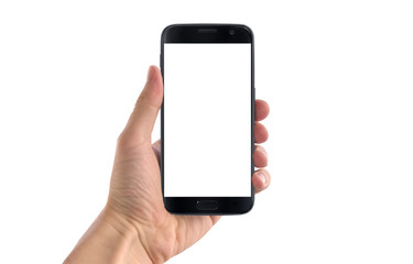 Modern black smart phone in man hand in horizontal position. White screen for mockup, isolated.