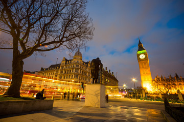 Big Ben and statue of Sir Winston Churchill, London, England