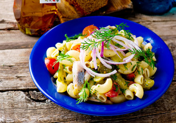 herring ,pasta and tomatoes  salad.