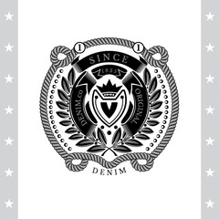 Round Frame From Rope With Wreath And Ribbons Inside. Sea Vintage Black Label Isolated On White