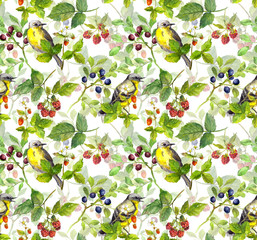 Birds and berries. Vintage repeating pattern. Watercolor