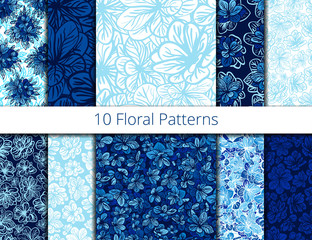 Vector set of seamless patterns with blue flowers