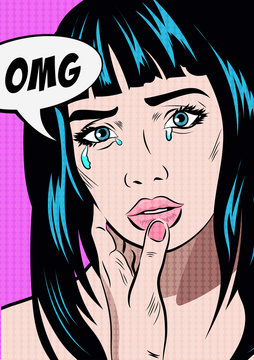 Girl crying woman face. Pop art retro style. Human emotions