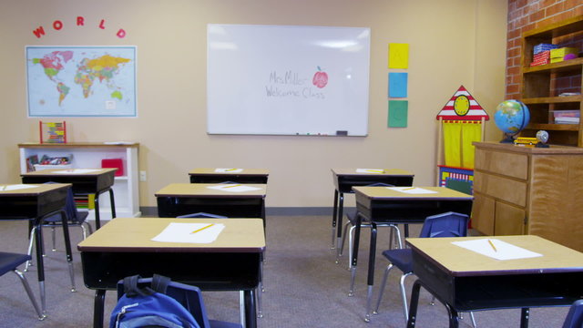 Elementary school classroom, no people