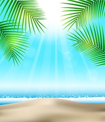 Beach and tropical sea with bright sun