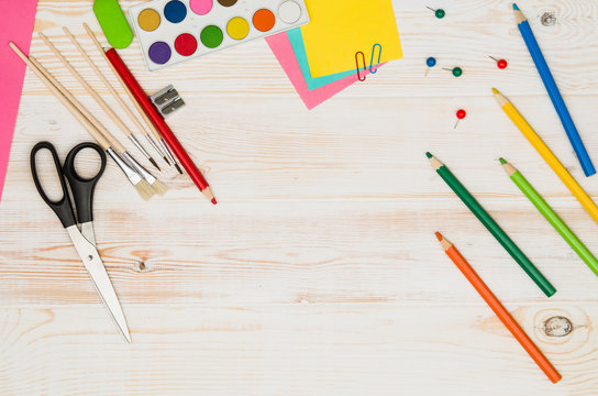 Office Table Or Desk Seen From Above. Top View Product Photograph. School Or University Concept Image.