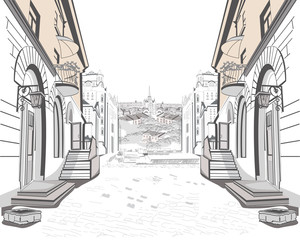 Series of backgrounds decorated with old town views.