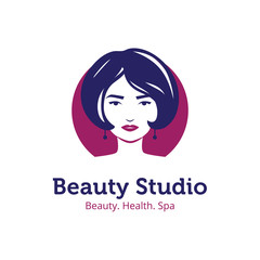 Vector minimalistic beauty studio logo in blue and purple colors. Beautiful woman head logo. Spa salon logo template.