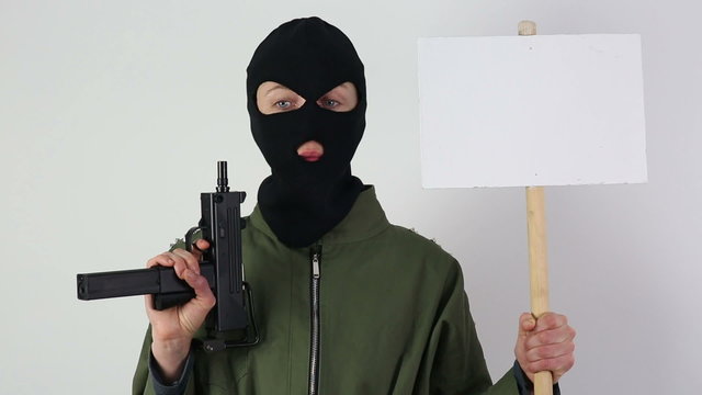 Woman terrorist with gun and sign on white background