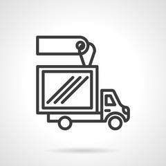 Truck with label black line design vector icon