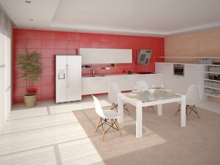 Kitchen design with red background.