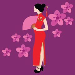 qipao chinese traditional dress costume clothes red china asia vector drawing illustration flower