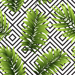 Tropical  palm leaves seamless geometric background. Vector illustration