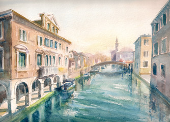 Obrazy na Szkle  Kanał na starym mieście Chioggia - Włochy.Obraz stworzony akwarelami