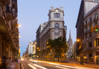  View of Barcelona in twilight time. Spain.  Via Laietana
