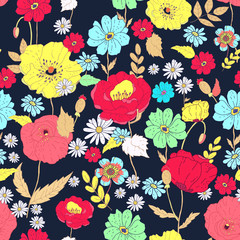 Seamless floral  background.Isolated flowers and leafs on dark background