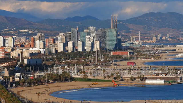 Aerial view of Barceloneta Beach and cityscape of Barcelona, Catalonia, Spain
