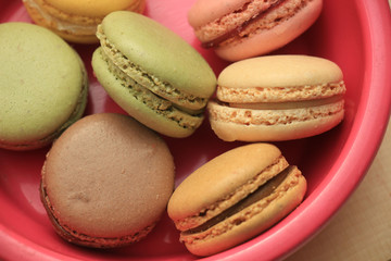 Macarons on pink plate