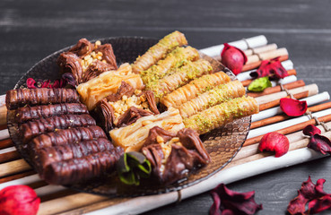 glass plate and an assortment of baklava