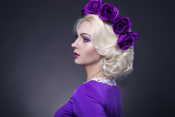 Portrait of Blond Caucasian Woman wearing Violet Flowery Vivid Crown