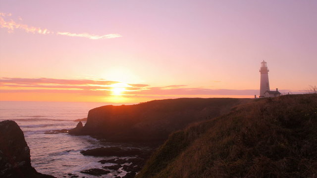 Yaquina Head Lighthouse at sunset, timelapse