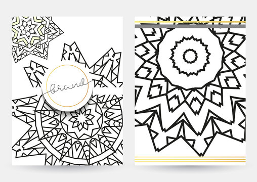 leaflet with white mandala . Realistic brochure grey mandala . Zentangle in white and gray colors. Zentagle gray. Sacred geometry.