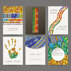 Set of vector design templates. Brochures in random colorful style. Zentangle designs.
