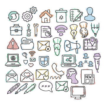 Set of doodle web, computer and drawing icons.