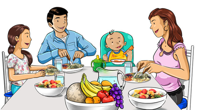 familia comiendo productos saludables
