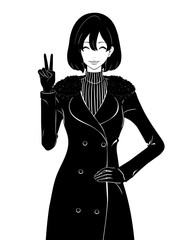 ピースをする女性 / 冬コート