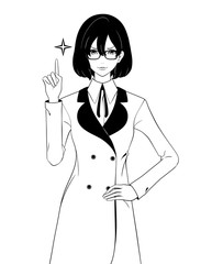 指を立てる女性 / コートと眼鏡 / 自信