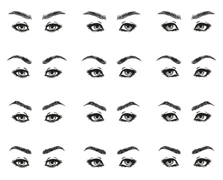 Icons set female eyes look with long eyelashes and eyebrows different shapes look ahead to the left to the right, black and white to show the make-up design diagrams and instructions, isolated vector 