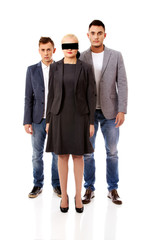 Business team-two man and blindfolded woman