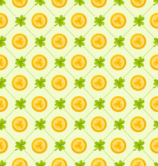 Seamless Pattern with Clovers and Golden Coins for St. Patricks