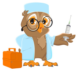 Obraz premium Owl doctor holding syringe. Owl veterinarian in white coat