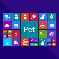 Trendy computer or mobile application app program of flat pet animal and accessories object icon menu in colorful geometric square block window background with text, create by vector