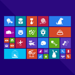 Trendy computer or mobile application app program of flat pet animal and accessories object icon menu in colorful geometric square block window background, create by vector