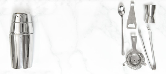 Shaker, jigger, strainer, tongs. Bar accessories cocktail